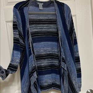 New Directions Blue Striped Cardigan Waterfall Open Front Stretchy Soft L